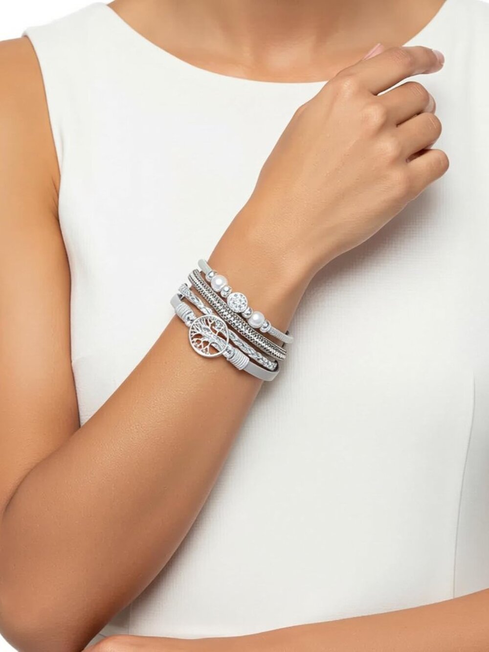 Leather Wrap Bracelet for Women, Boho Handmade Multi-Layer Cuff with Crystal Bea - Picture 3 of 7